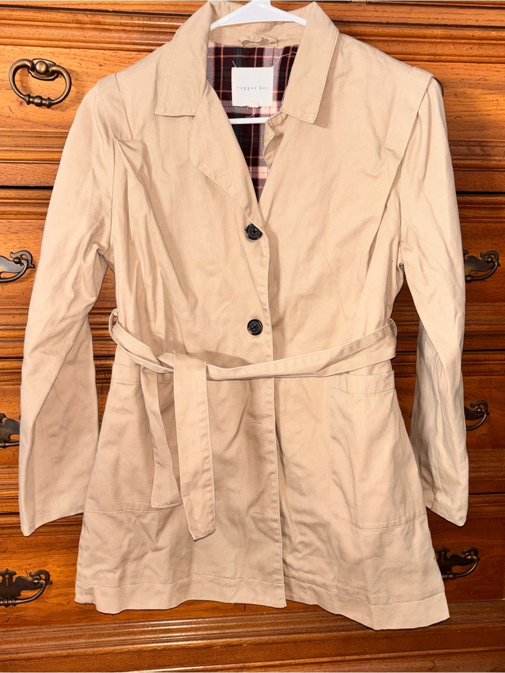 Copper Key girl’s tan trench coat with plaid lining, size L